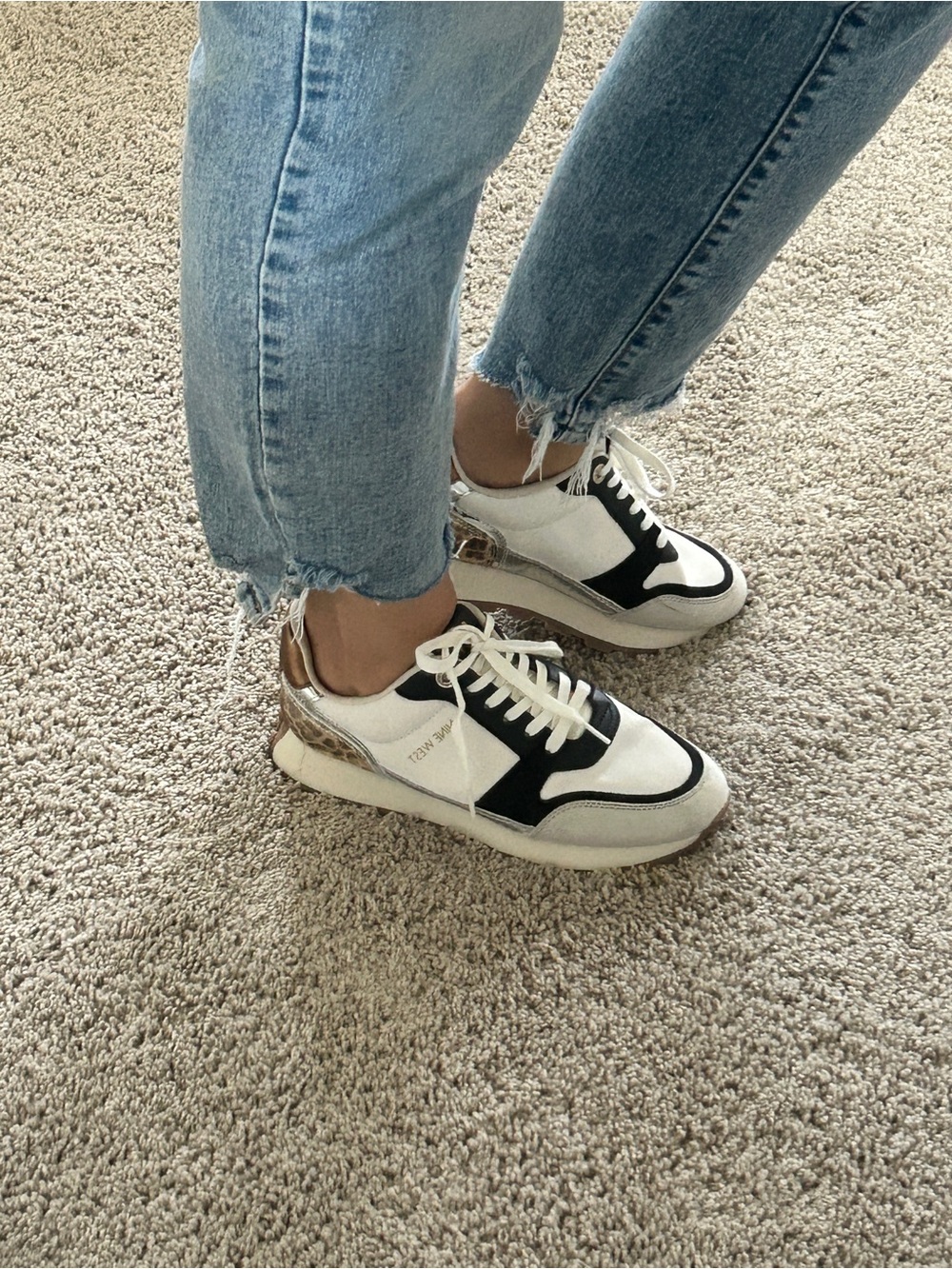 Nine West White, Black, Silver & Gold Leopard Accent Sneakers